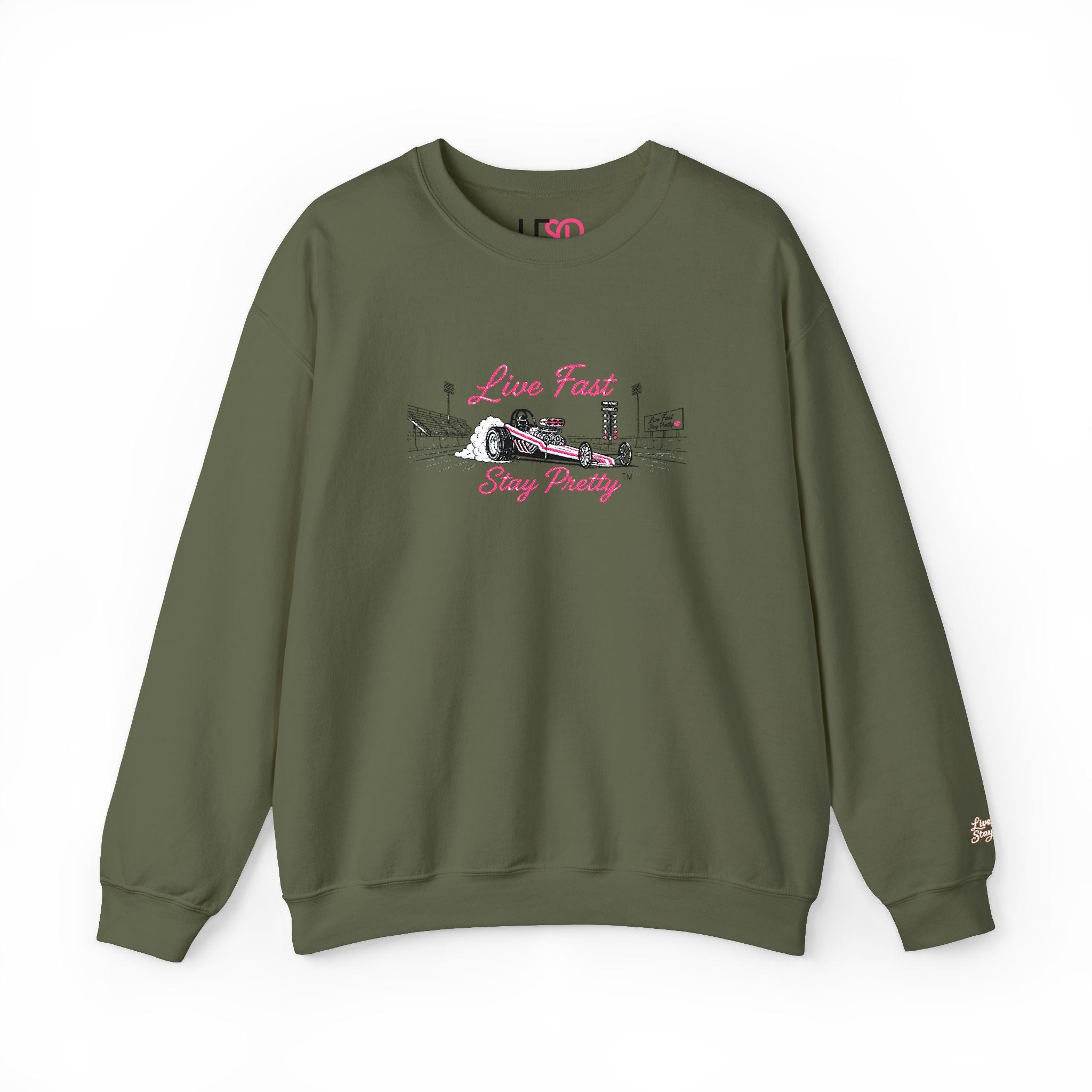 Embroidered Crewneck Sweatshirt — 'Live Fast, Stay Pretty' Vintage Drag Racing
