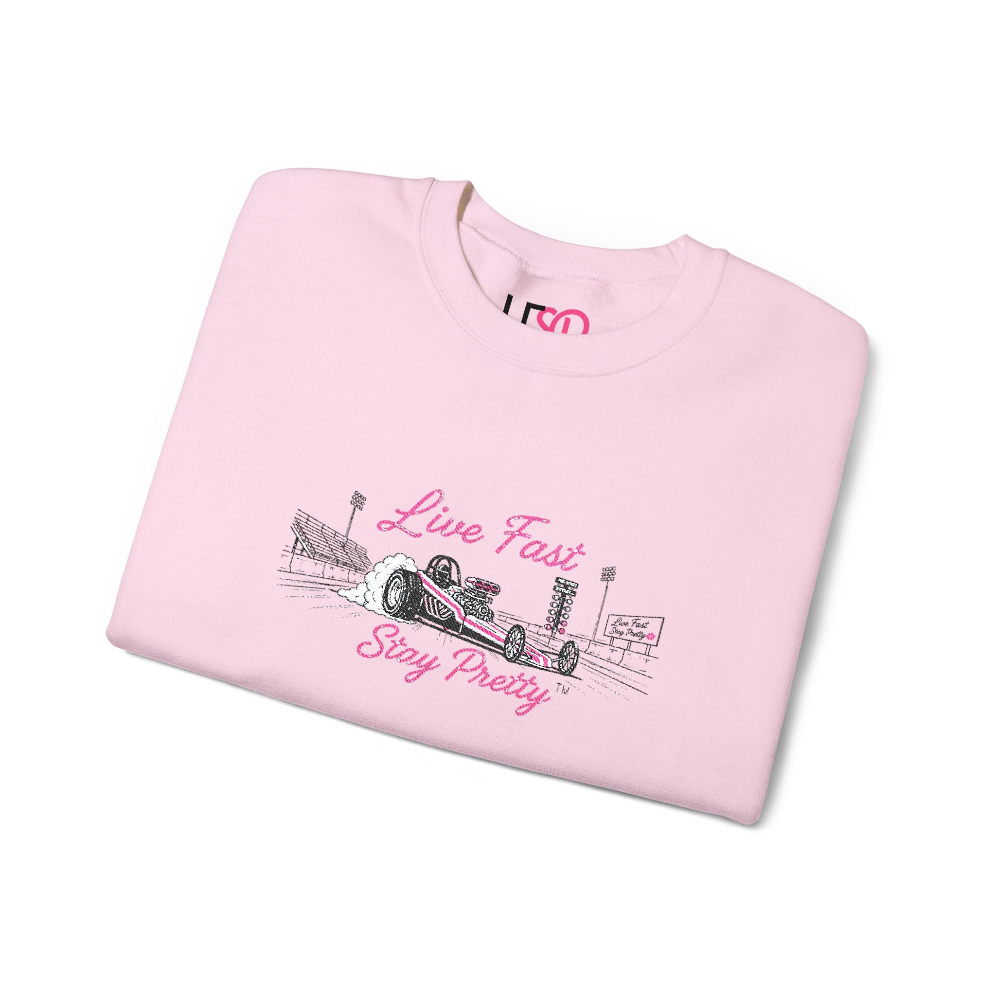 Embroidered Crewneck Sweatshirt — 'Live Fast, Stay Pretty' Vintage Drag Racing