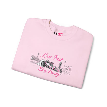 Embroidered Crewneck Sweatshirt — 'Live Fast, Stay Pretty' Vintage Drag Racing
