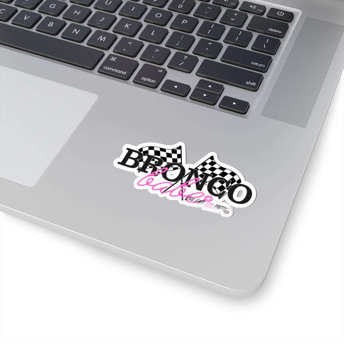 Bronco Babe Sticker — Checkered Flag Racing Decal with Pink Script