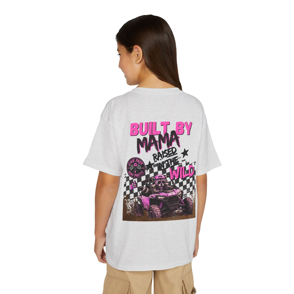 Youth T-Shirt Pink — "Built by Mama Raised Wild"