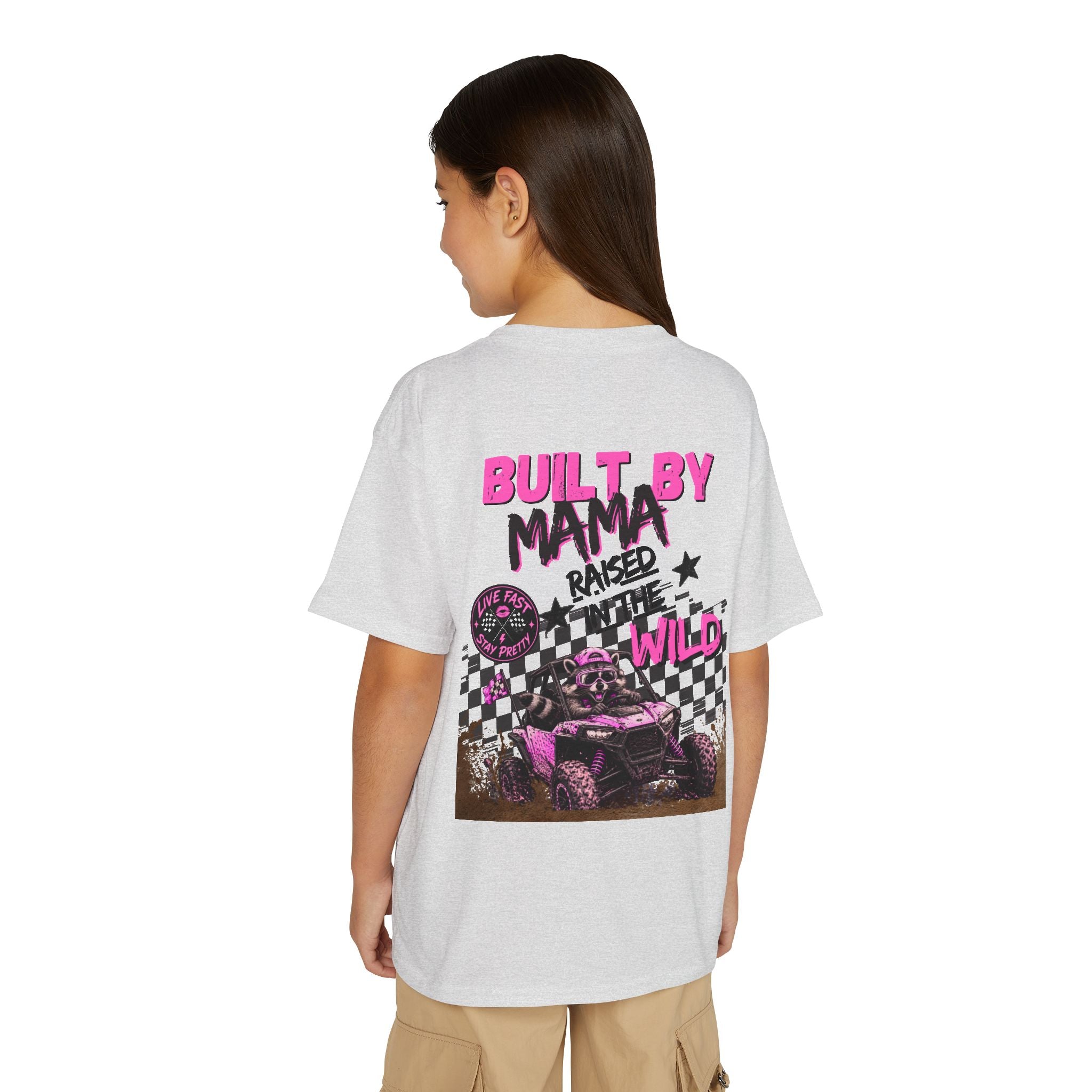 Youth T-Shirt Pink — "Built by Mama Raised Wild"