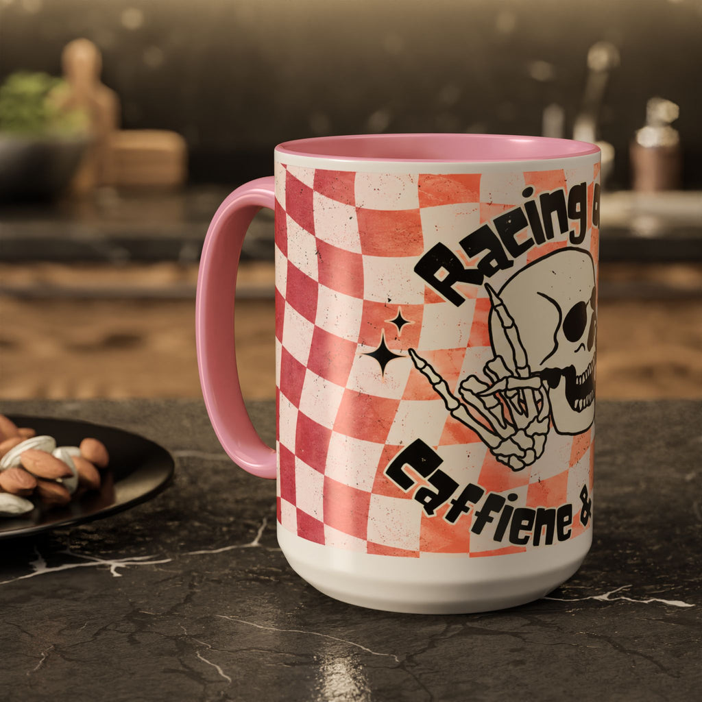 Skull & Coffee Ceramic Mug — 'Racing on Caffeine & Chaos' Checkerboard 15oz