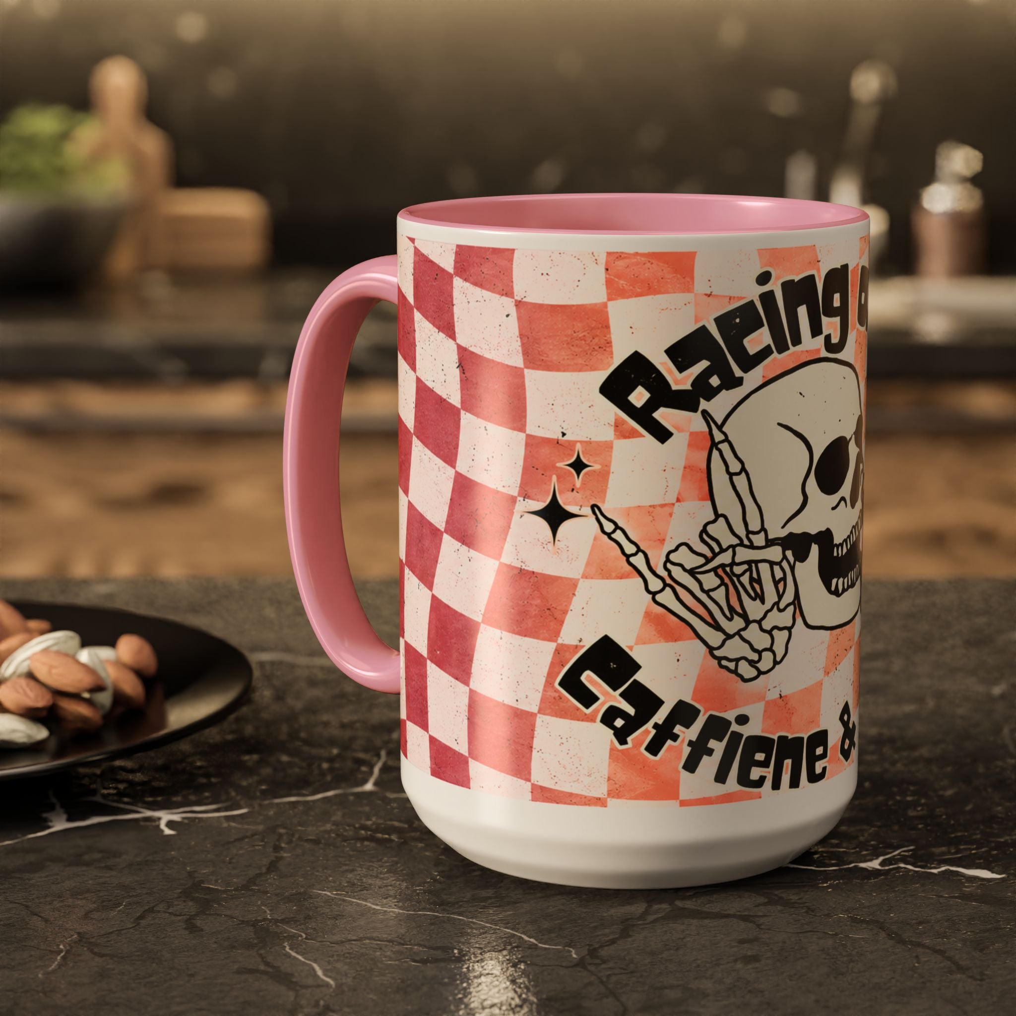 Skull & Coffee Ceramic Mug — 'Racing on Caffeine & Chaos' Checkerboard 15oz