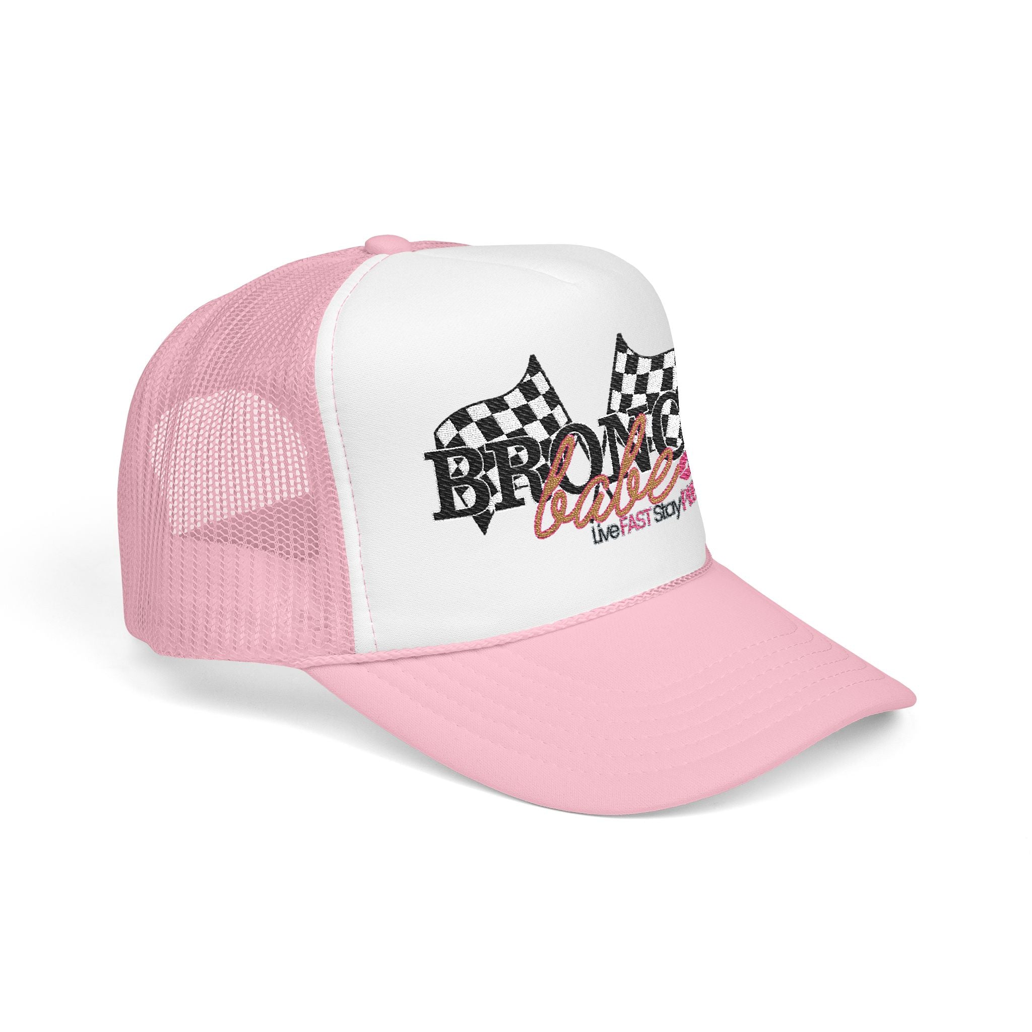 Bronco Babe Trucker Hat — Retro Racing Flag Foam Cap