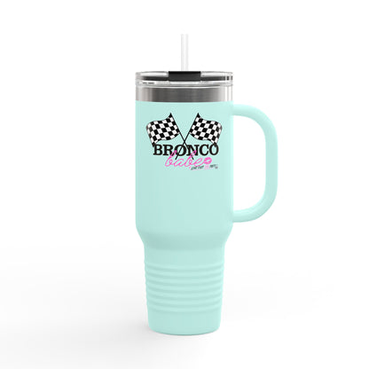 40oz Insulated Travel Mug — "Bronco Babe" Checkered Flag Design
