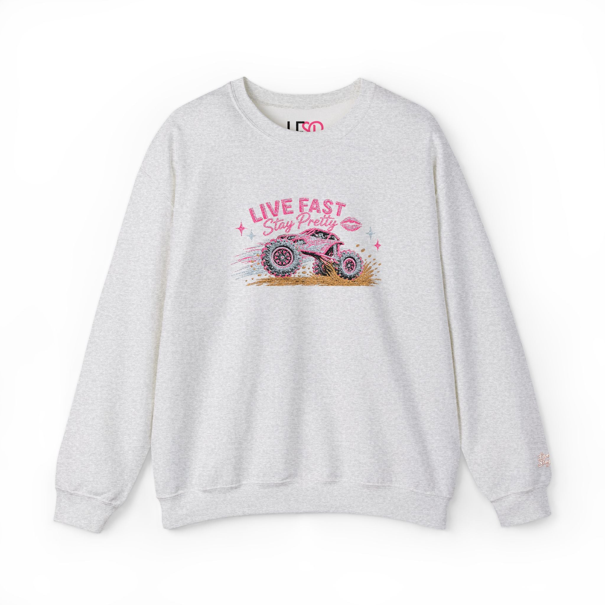 Embroidered Crewneck Sweatshirt — 'Live Fast, Stay Pretty Mud SXS