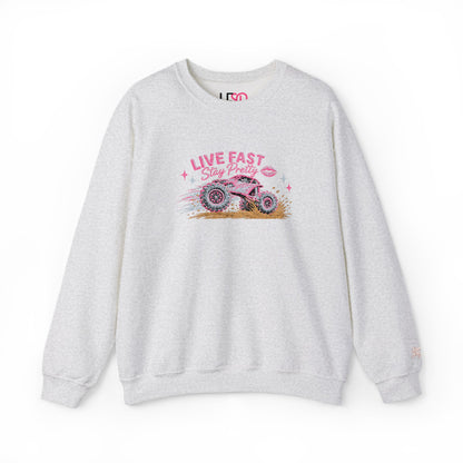 Embroidered Crewneck Sweatshirt — 'Live Fast, Stay Pretty Mud SXS