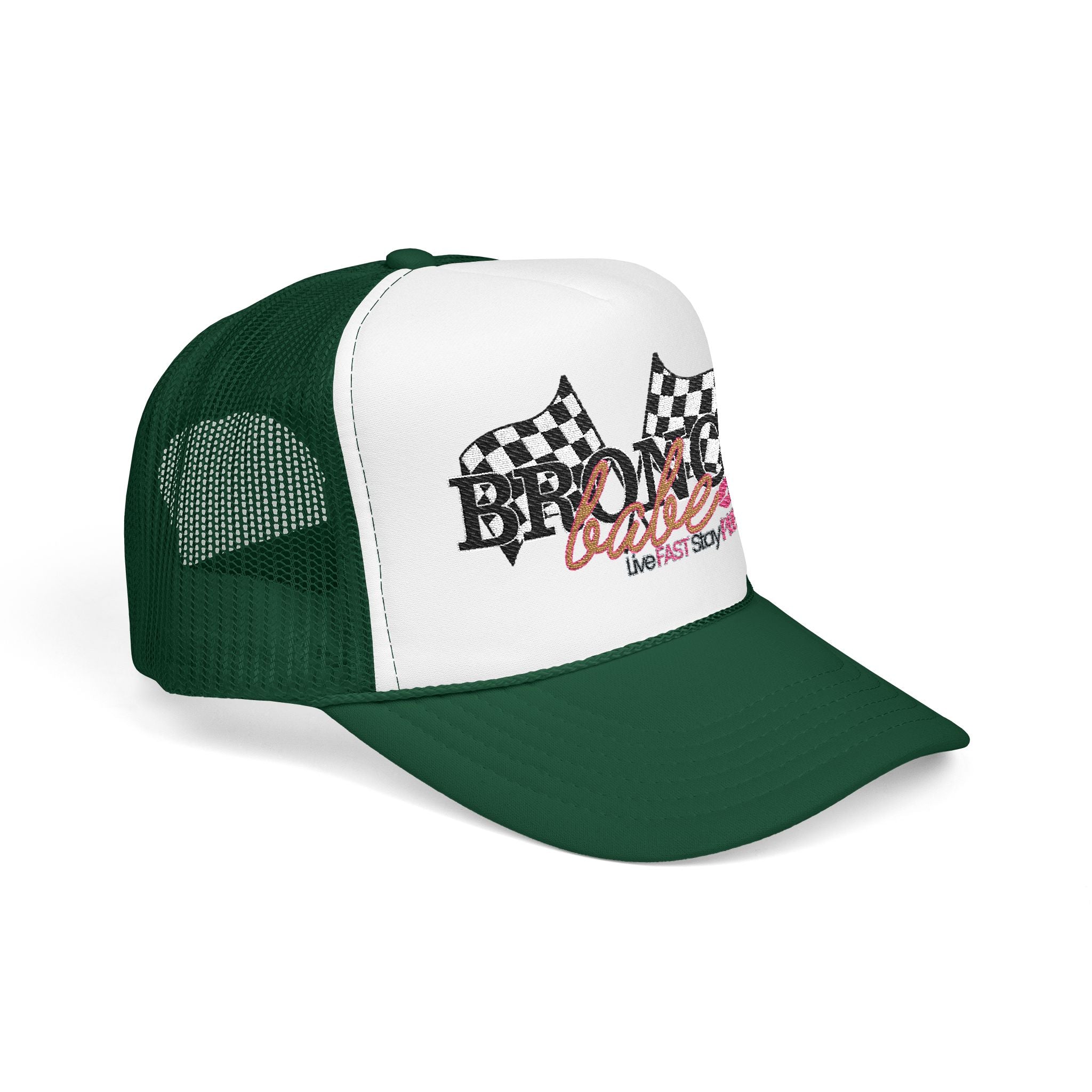 Bronco Babe Trucker Hat — Retro Racing Flag Foam Cap