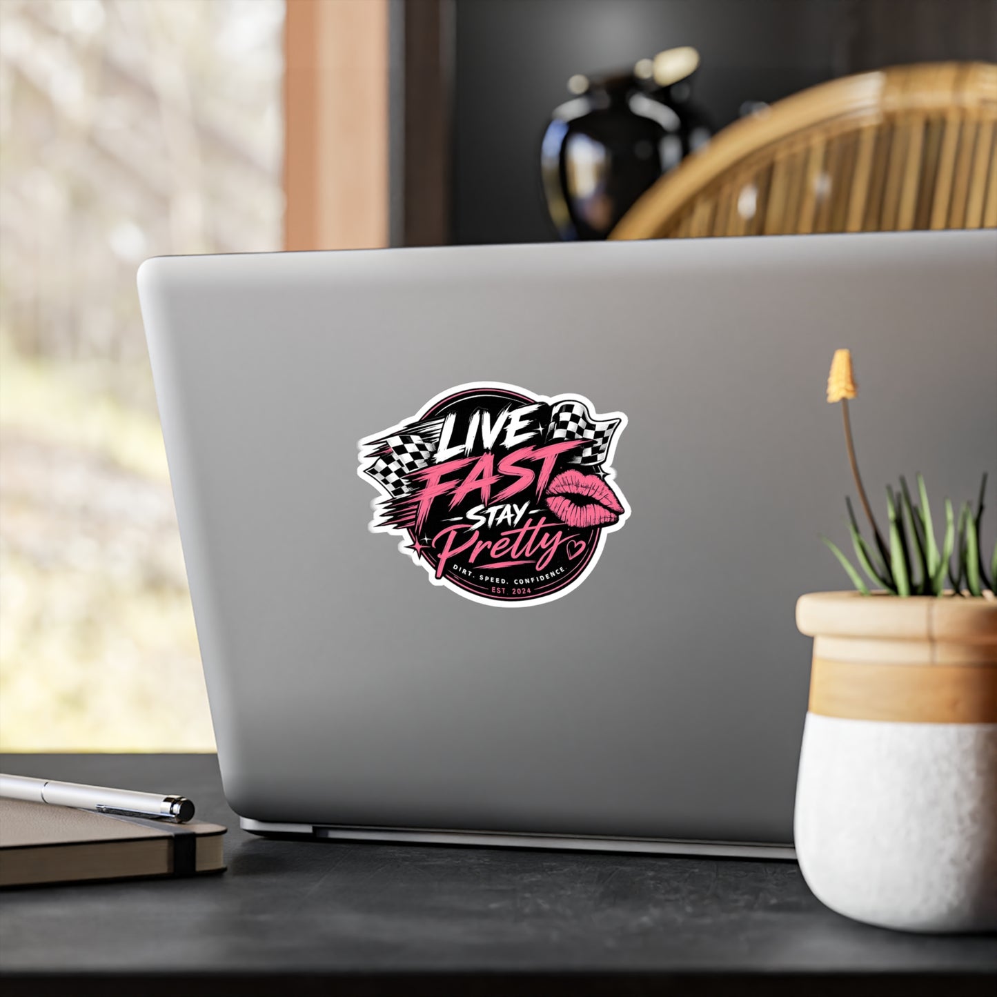 Live Fast Stay Pretty vinyl sticker | Racing lips decal, pink checkered design