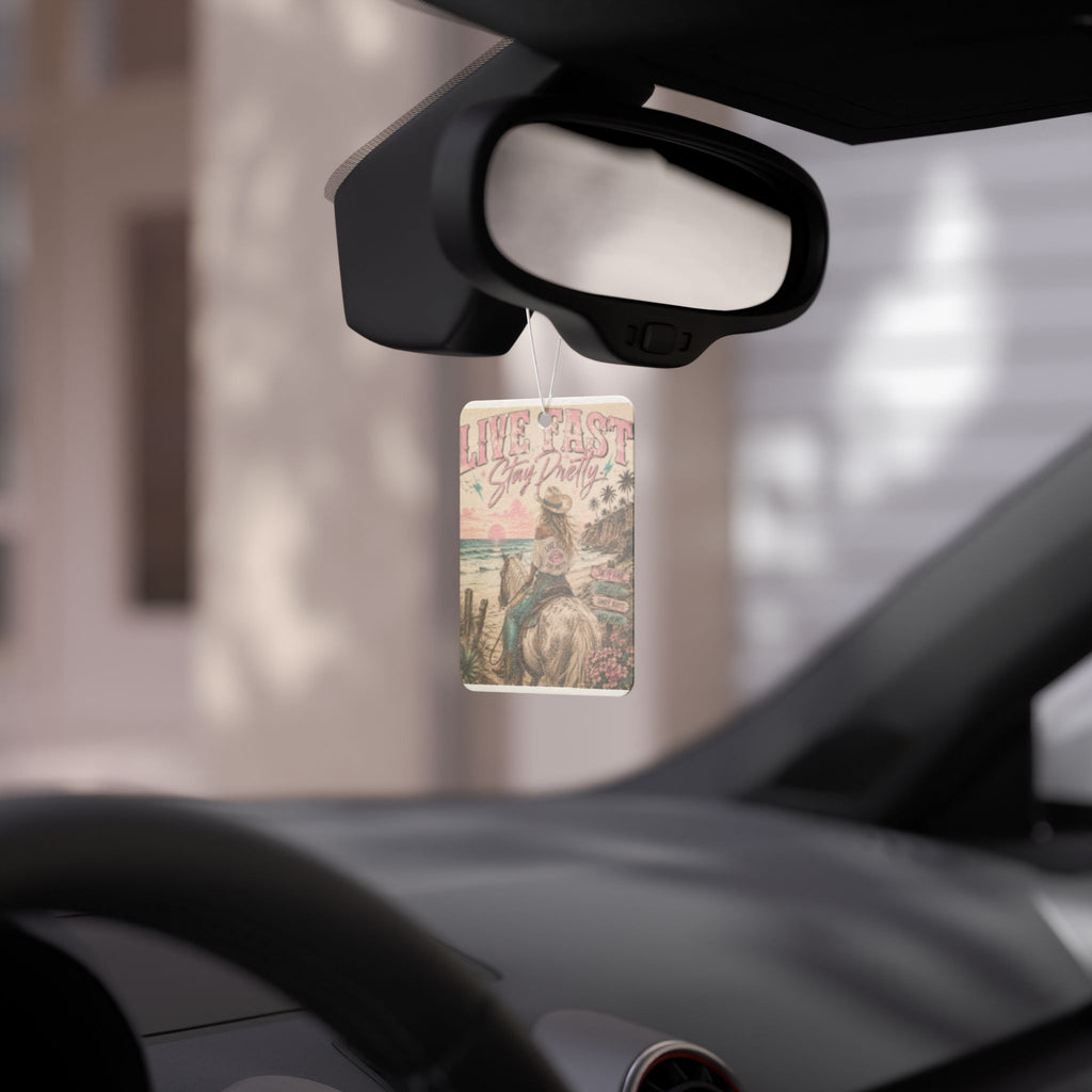 Live Fast Stay Pretty Car Air Freshener | Retro Cowgirl Beach Illustration