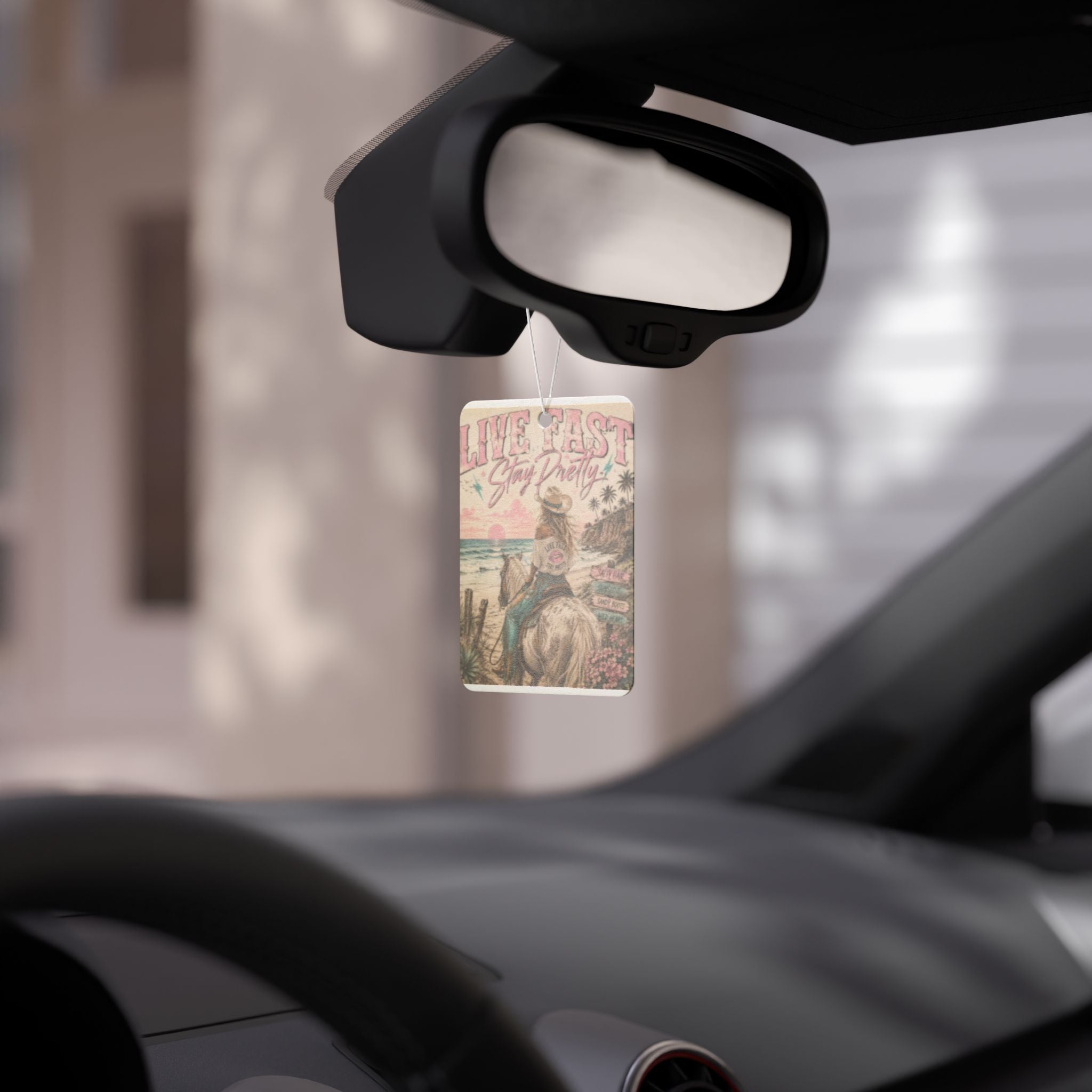 Live Fast Stay Pretty Car Air Freshener | Retro Cowgirl Beach Illustration