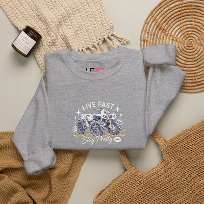 Embroidered Crewneck Sweatshirt — 'Live Fast, Stay Pretty' Mud 4-Wheeler