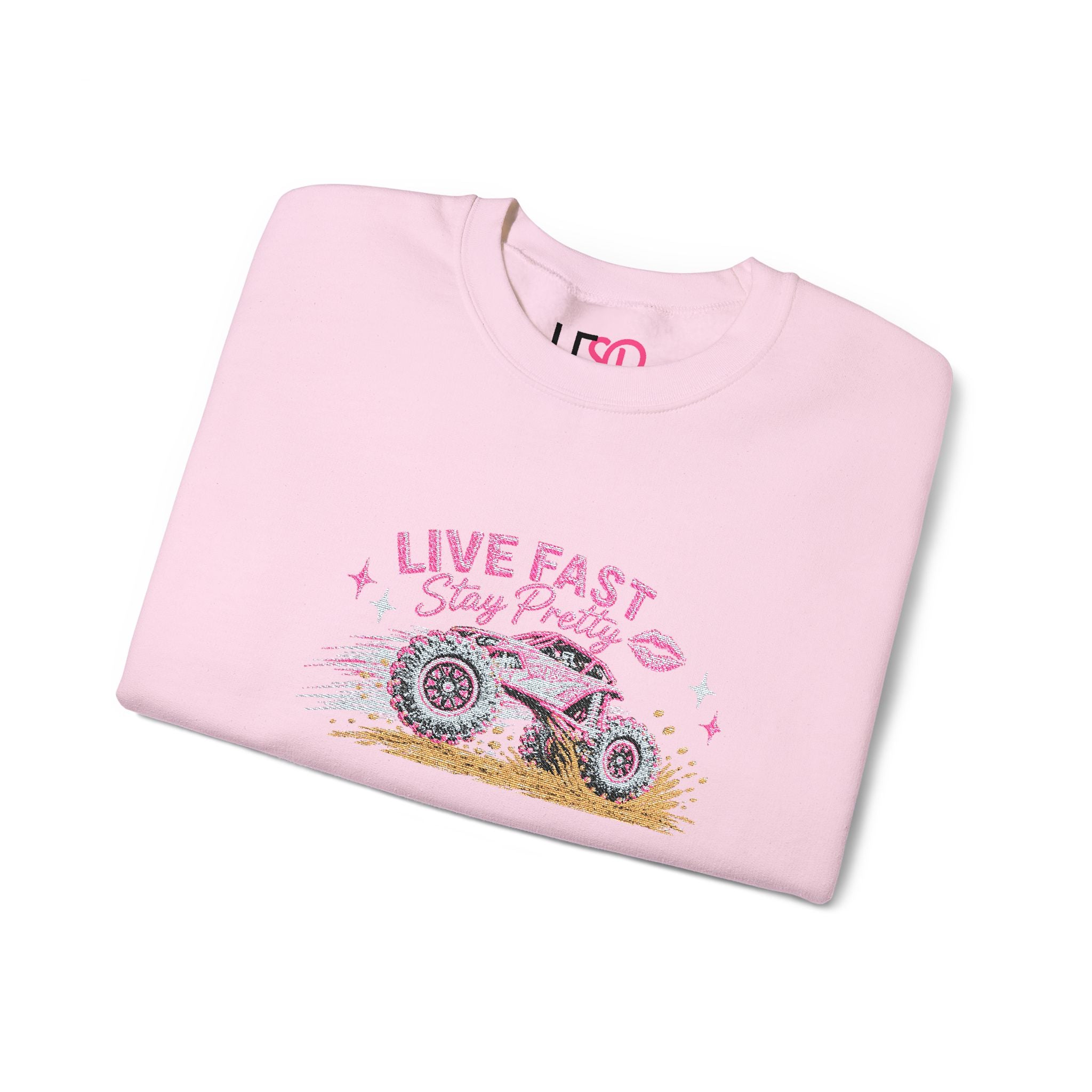 Embroidered Crewneck Sweatshirt — 'Live Fast, Stay Pretty Mud SXS