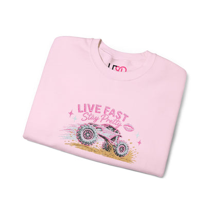 Embroidered Crewneck Sweatshirt — 'Live Fast, Stay Pretty Mud SXS