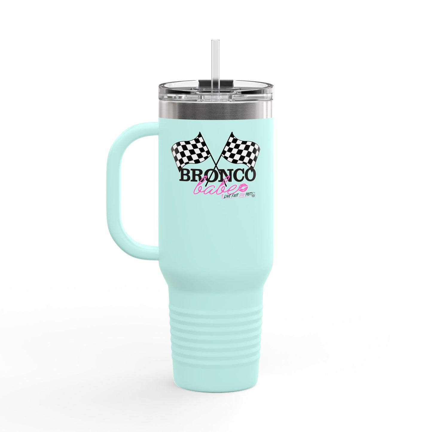 40oz Insulated Travel Mug — "Bronco Babe" Checkered Flag Design