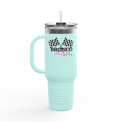 40oz Insulated Travel Mug — "Bronco Babe" Checkered Flag Design