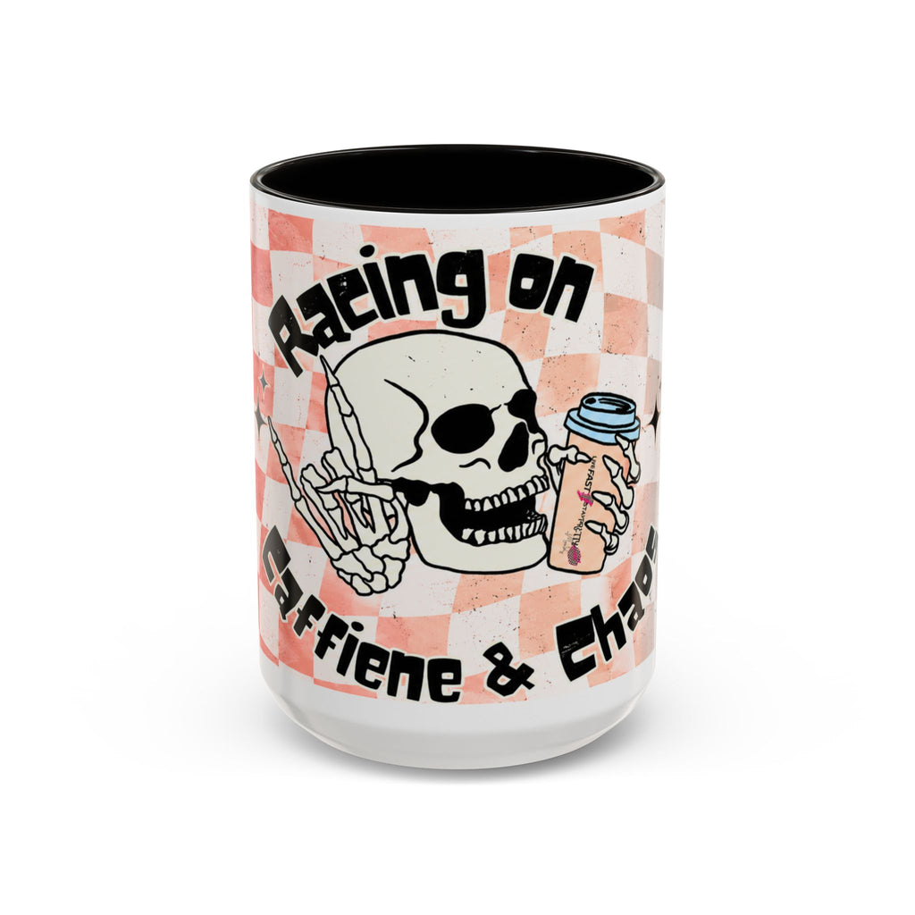 Skull & Coffee Ceramic Mug — 'Racing on Caffeine & Chaos' Checkerboard 15oz