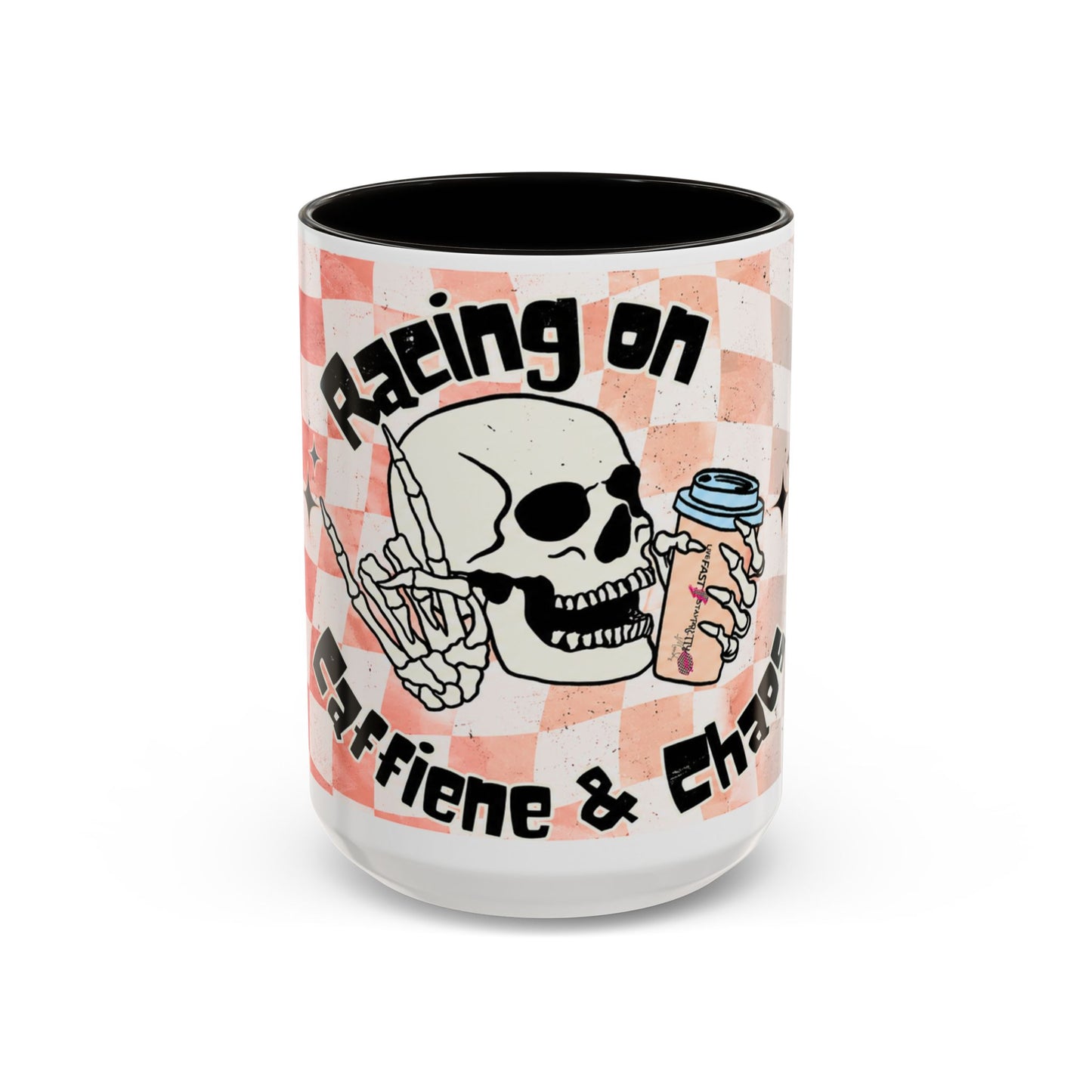Skull & Coffee Ceramic Mug — 'Racing on Caffeine & Chaos' Checkerboard 15oz