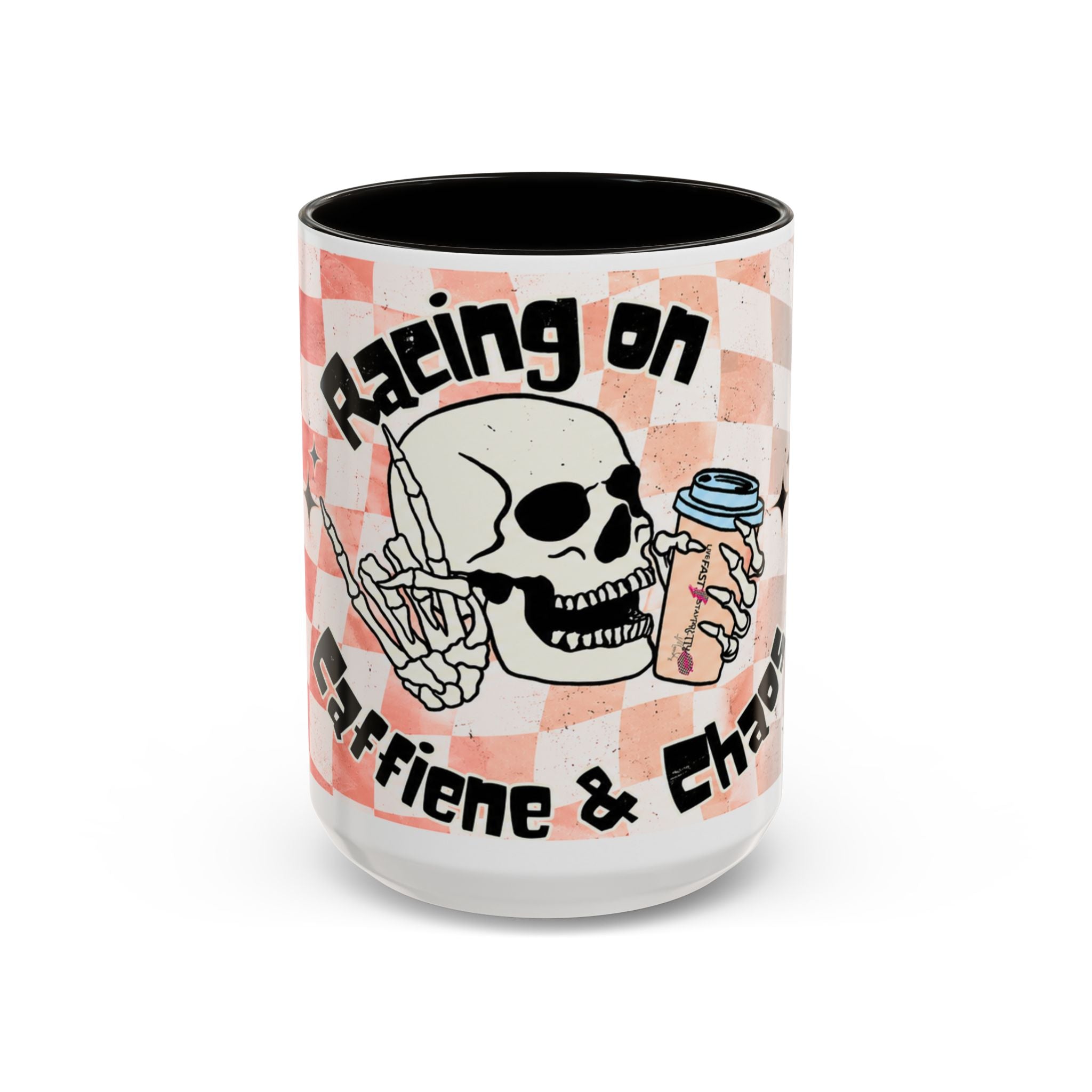 Skull & Coffee Ceramic Mug — 'Racing on Caffeine & Chaos' Checkerboard 15oz