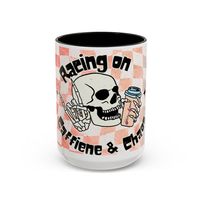 Skull & Coffee Ceramic Mug — 'Racing on Caffeine & Chaos' Checkerboard 15oz