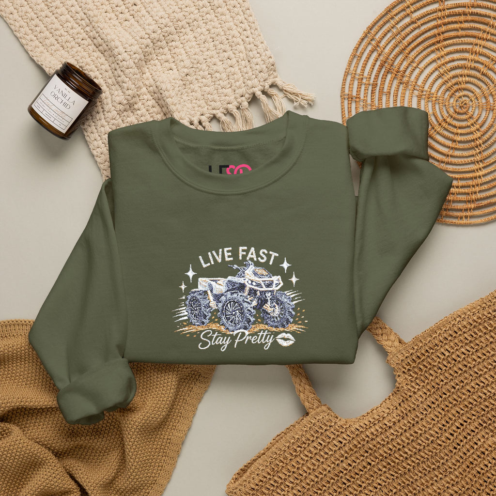 Embroidered Crewneck Sweatshirt — 'Live Fast, Stay Pretty' Mud 4-Wheeler