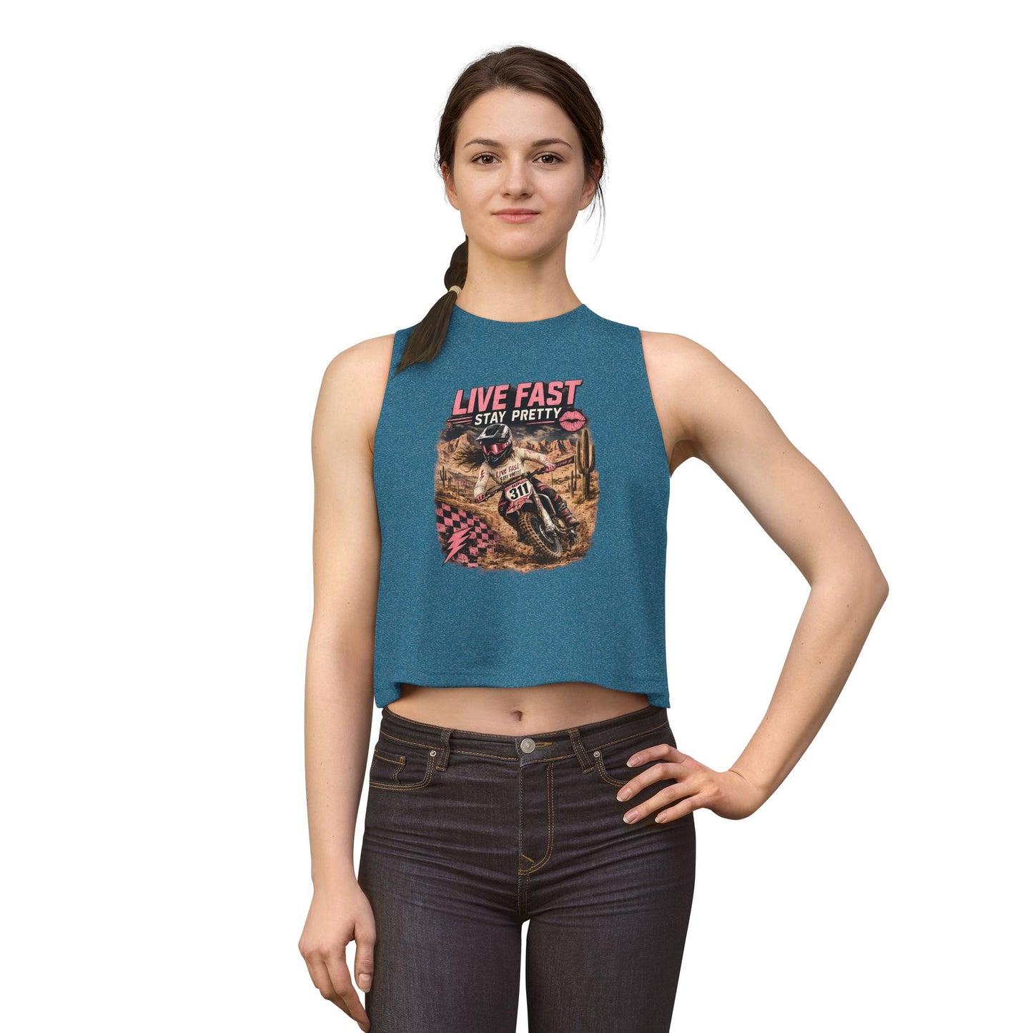 Live Fast Stay Pretty Motorcycle Rider Crop Top | Dirt Bike Graphic