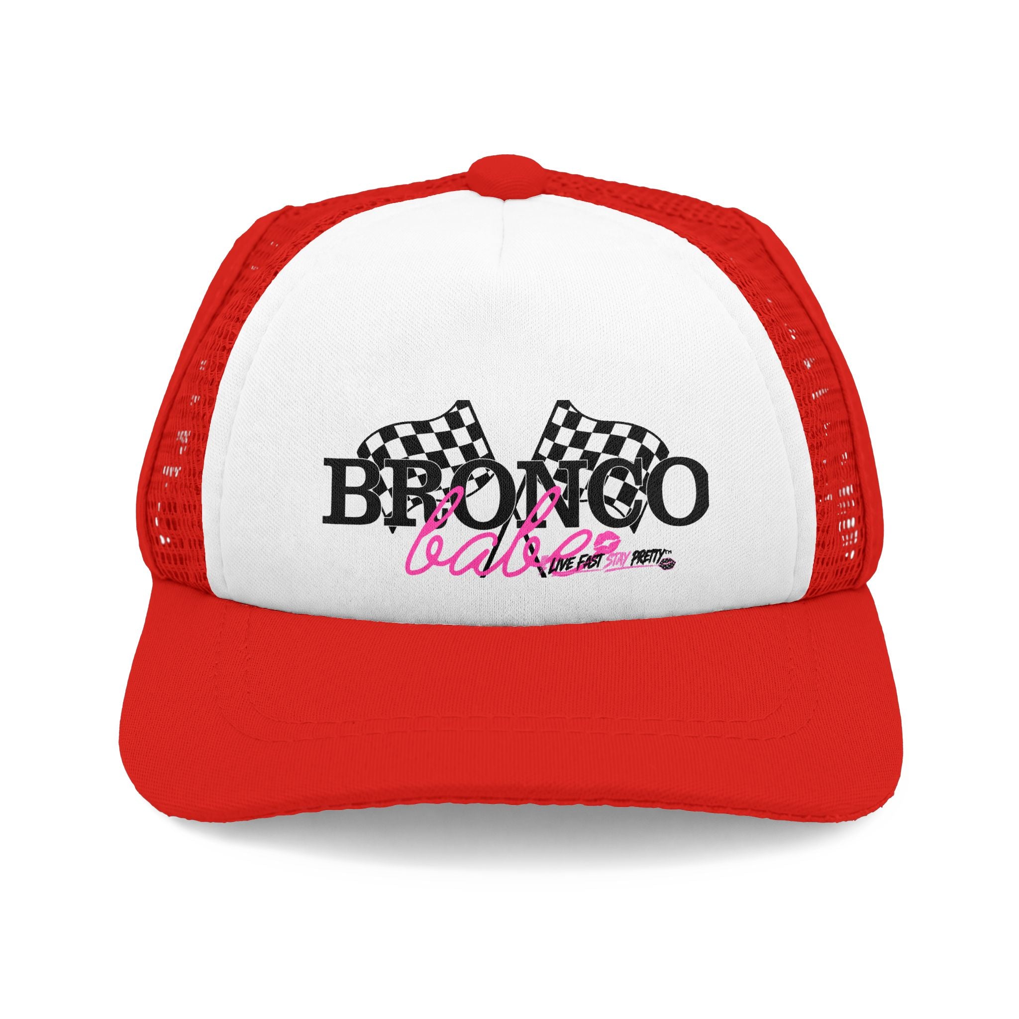 Bronco Babe Trucker Dog Hat — Pink Script & Checkered Flags Foam Cap