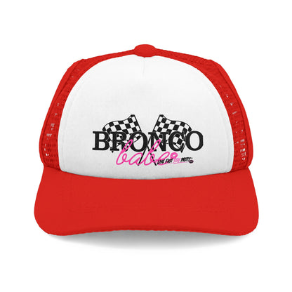 Bronco Babe Trucker Dog Hat — Pink Script & Checkered Flags Foam Cap