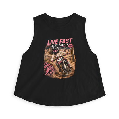 Live Fast Stay Pretty Motorcycle Rider Crop Top | Dirt Bike Graphic