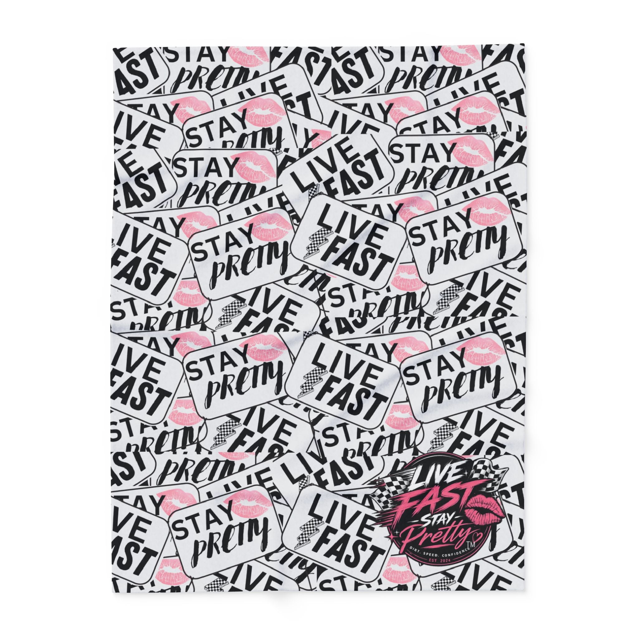 Stay Pretty Live Fast Arctic Fleece Blanket | Pink Lip Badge Pattern