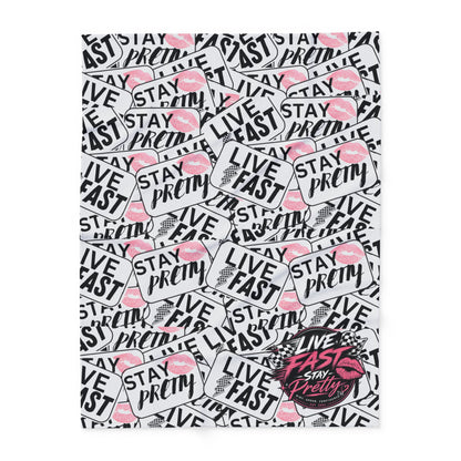 Stay Pretty Live Fast Arctic Fleece Blanket | Pink Lip Badge Pattern