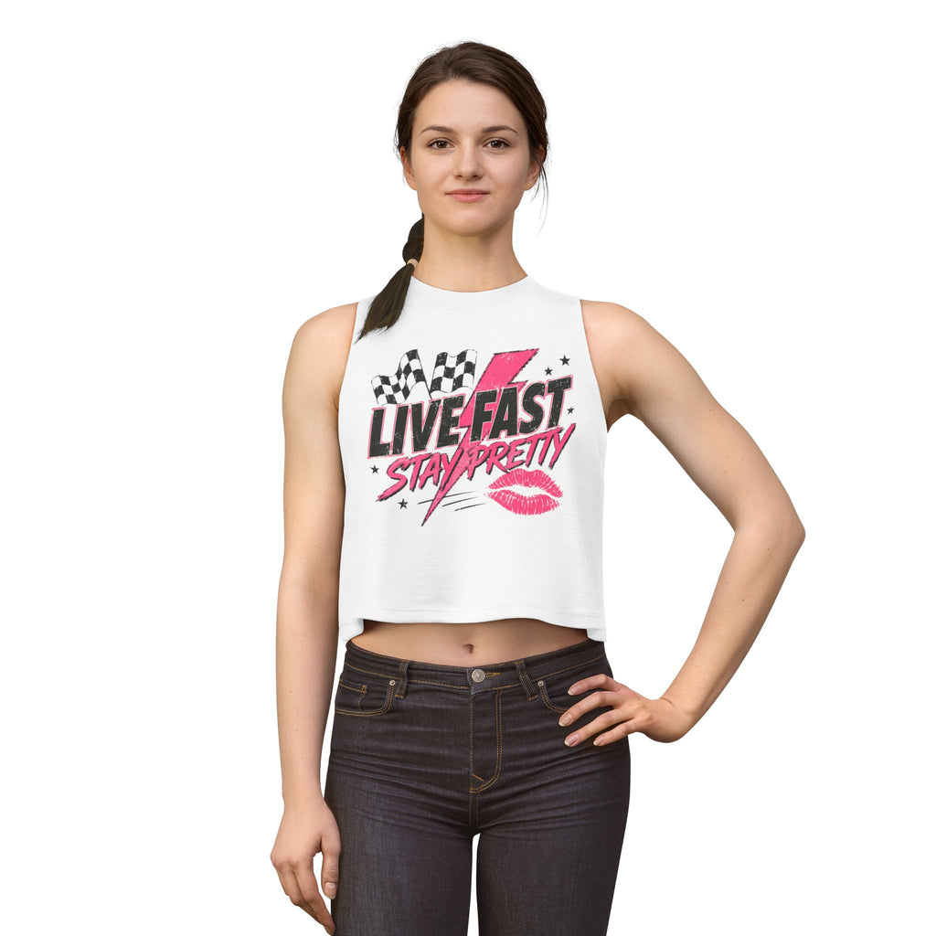 Live Fast Stay Pretty Crop Tank — Retro Racing Pink Graphic Women's Crop Top