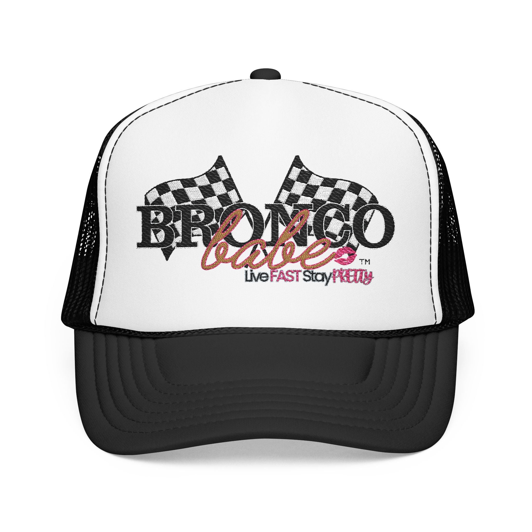 Bronco Babe Trucker Hat — Retro Racing Flag Foam Cap