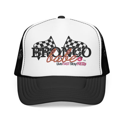 Bronco Babe Trucker Hat — Retro Racing Flag Foam Cap