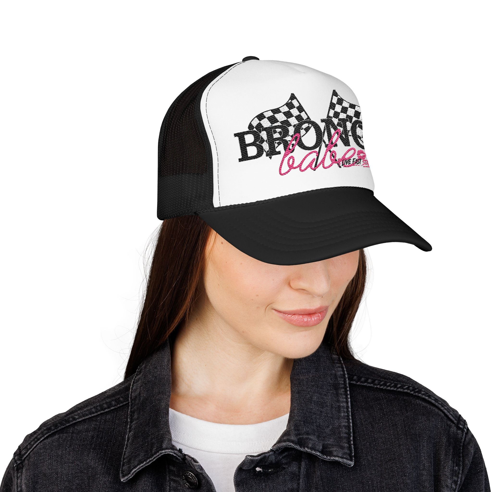 Trucker Hat — 'Bronco Baddie' Racing Flags Foam Trucker Hat