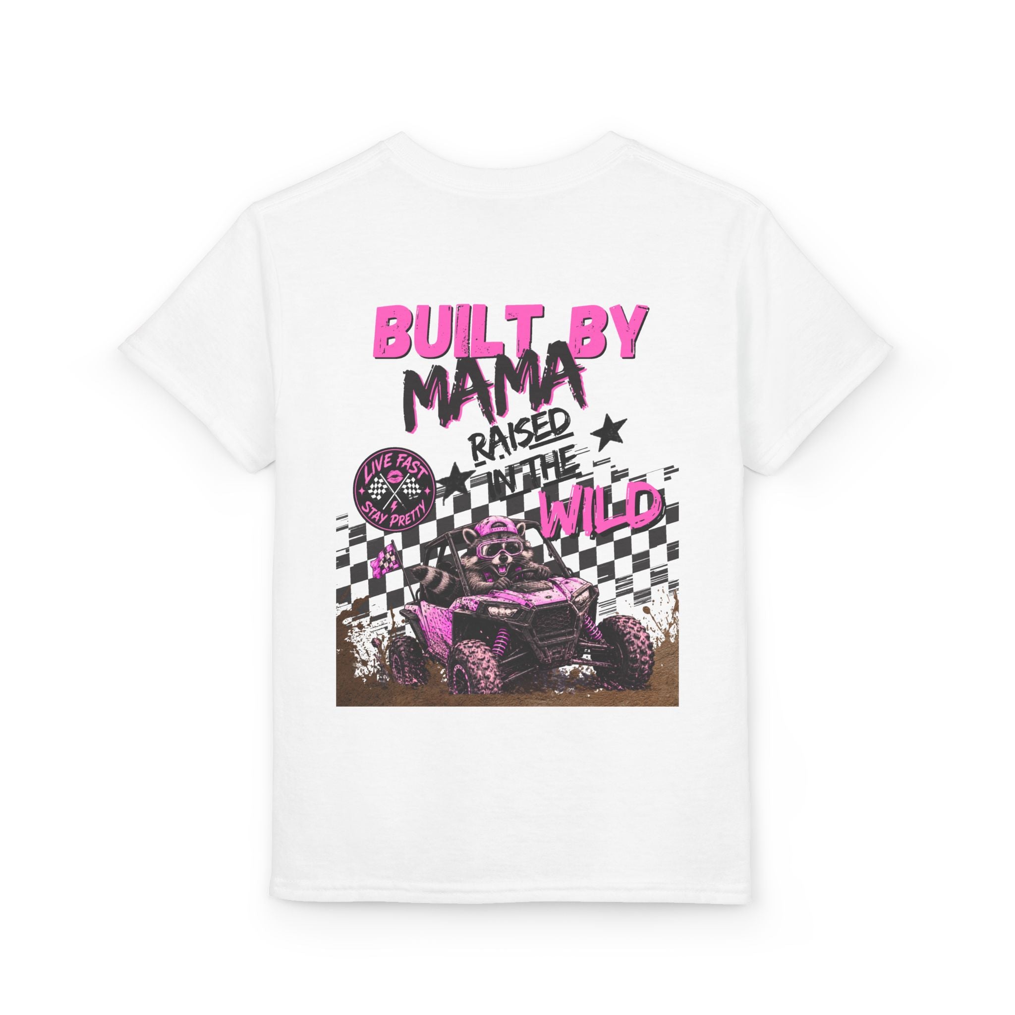 Youth T-Shirt Pink — "Built by Mama Raised Wild"
