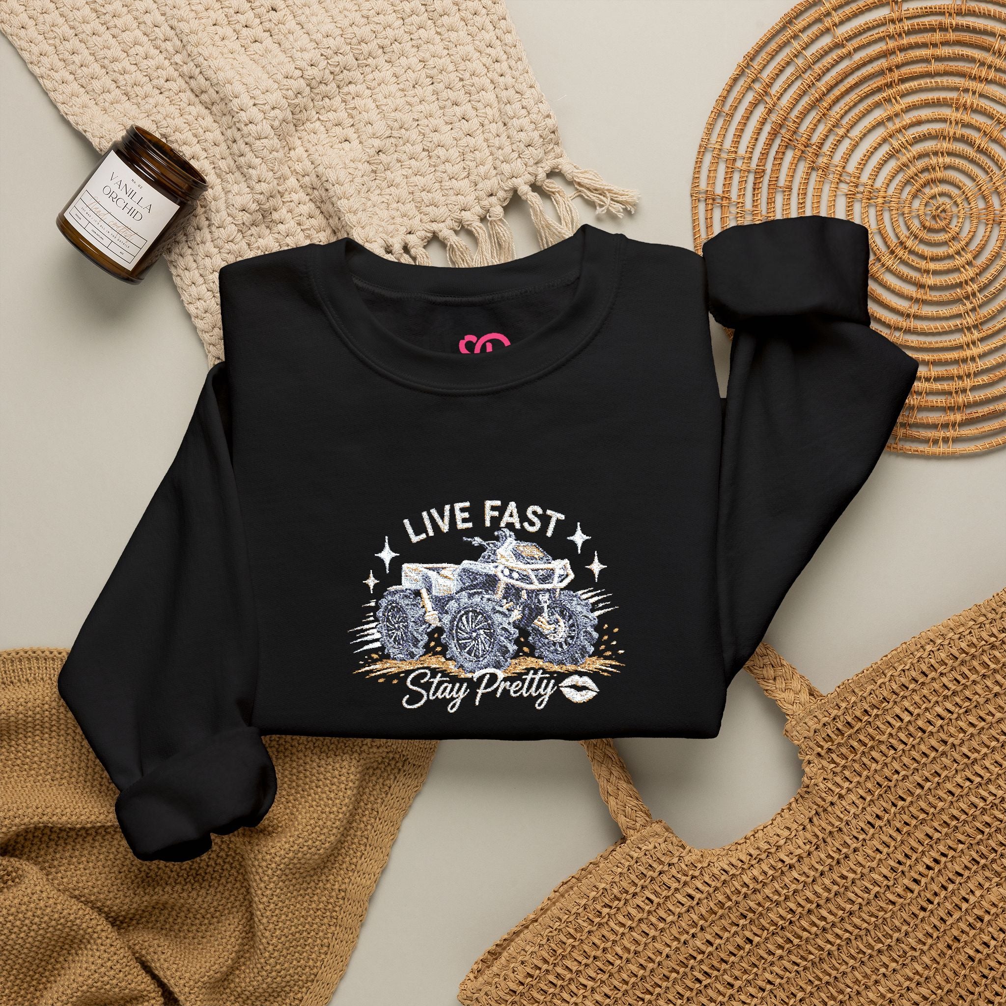 Embroidered Crewneck Sweatshirt — 'Live Fast, Stay Pretty' Mud 4-Wheeler