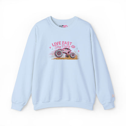 Embroidered Crewneck Sweatshirt — 'Live Fast, Stay Pretty Mud SXS
