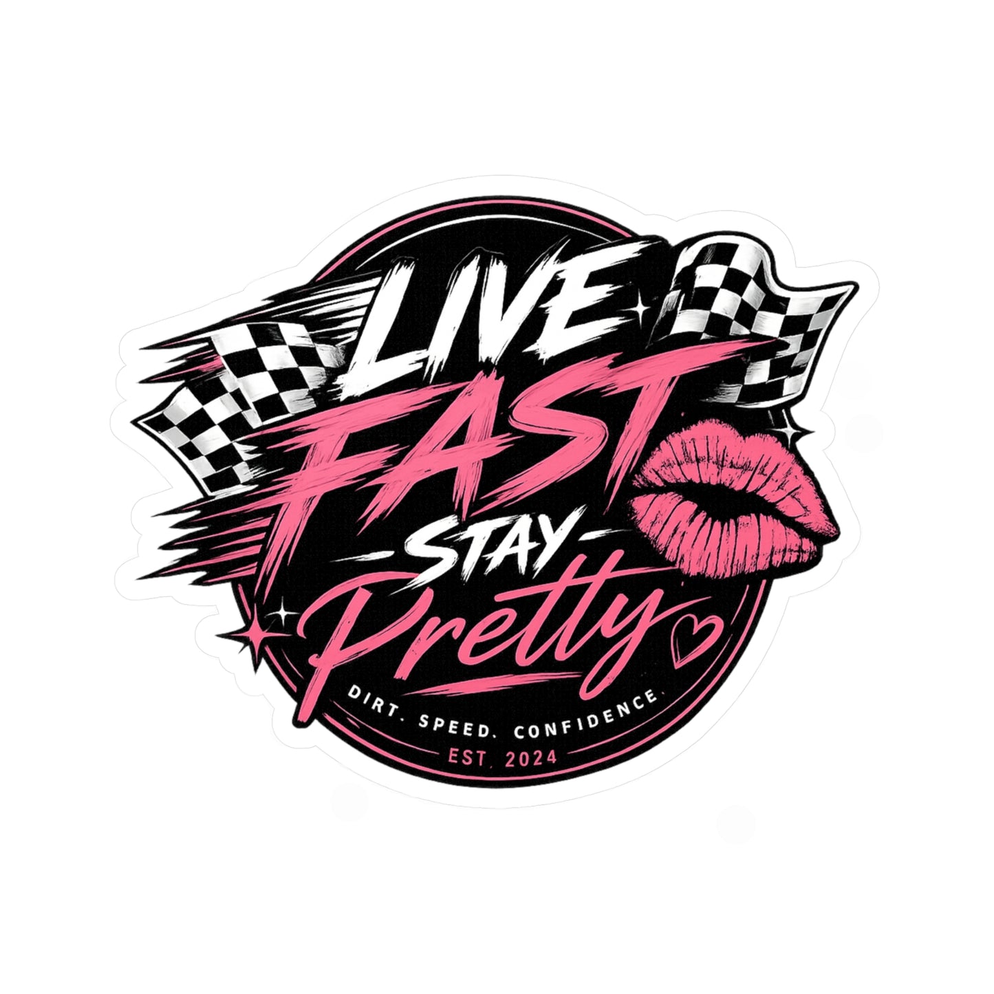 Live Fast Stay Pretty vinyl sticker | Racing lips decal, pink checkered design
