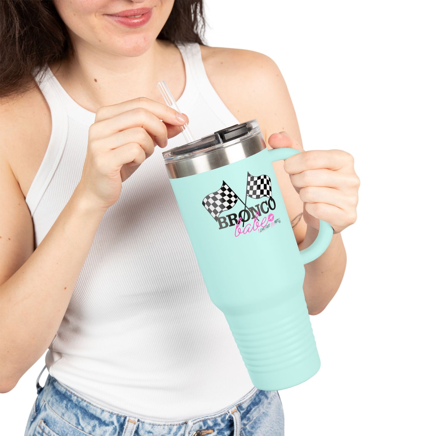 40oz Insulated Travel Mug — "Bronco Babe" Checkered Flag Design