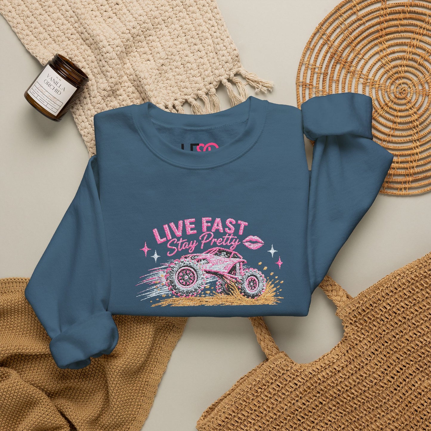 Embroidered Crewneck Sweatshirt — 'Live Fast, Stay Pretty Mud SXS