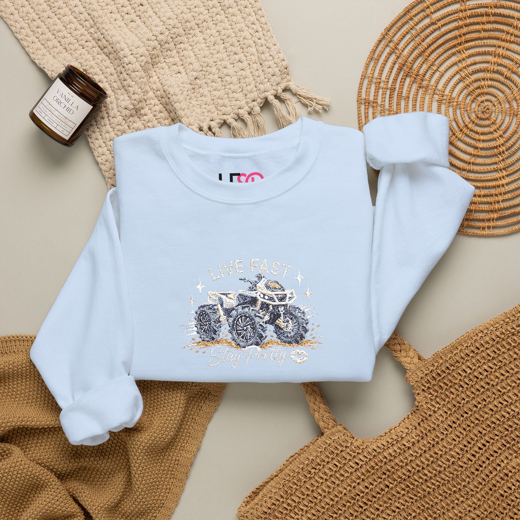 Embroidered Crewneck Sweatshirt — 'Live Fast, Stay Pretty' Mud 4-Wheeler