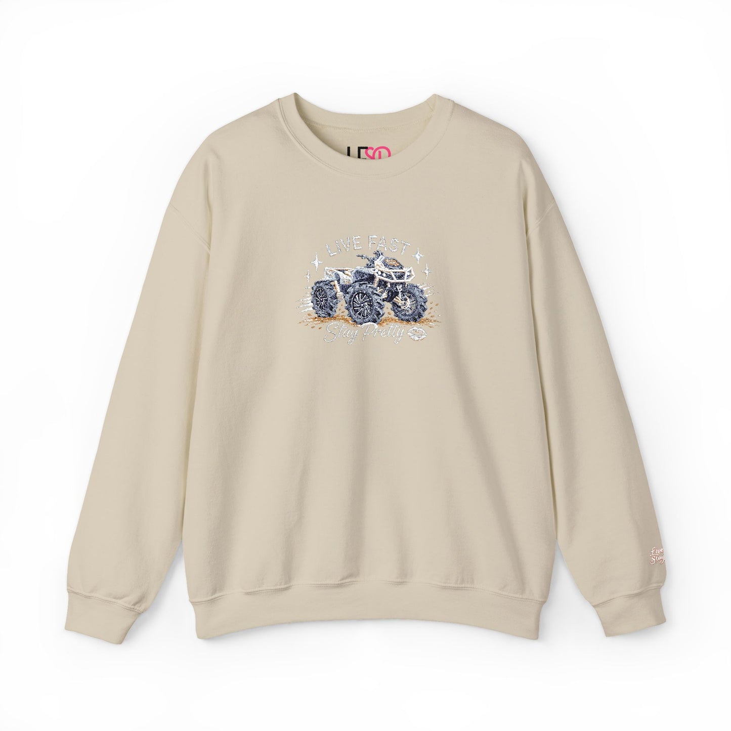 Embroidered Crewneck Sweatshirt — 'Live Fast, Stay Pretty' Mud 4-Wheeler