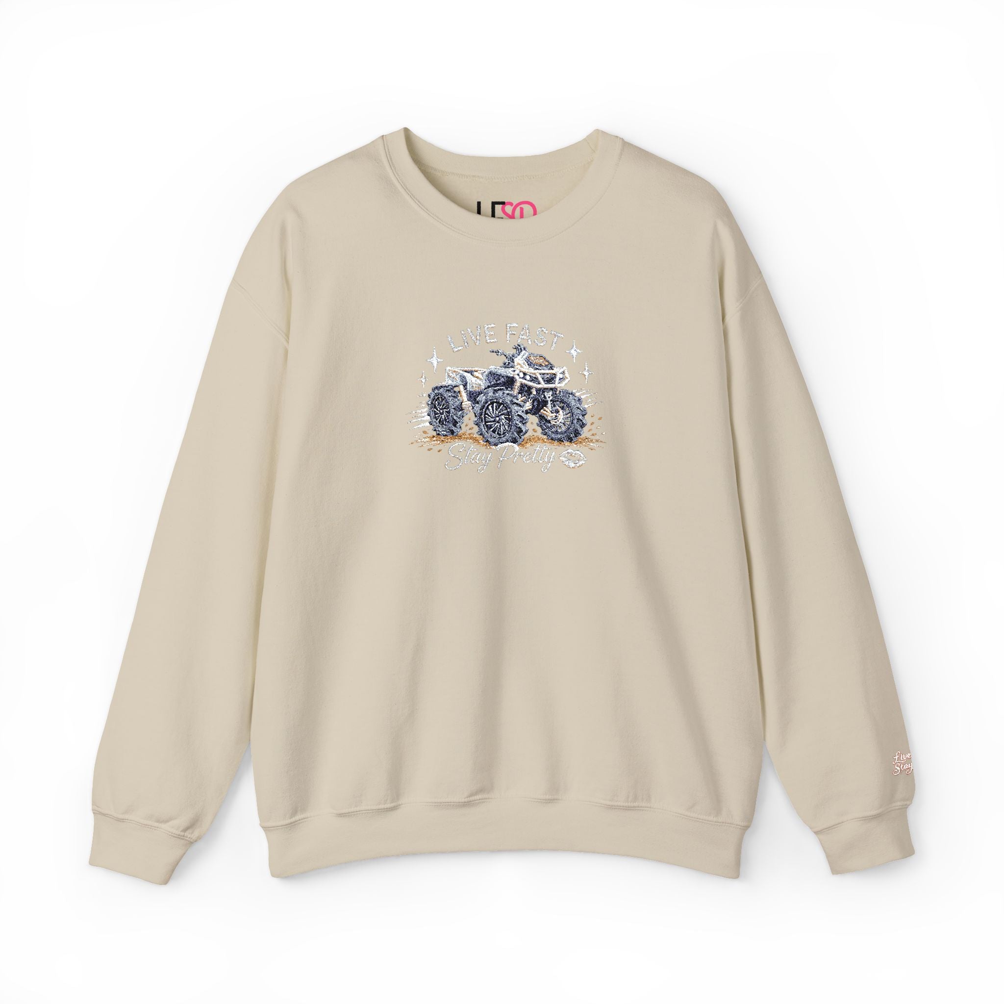 Embroidered Crewneck Sweatshirt — 'Live Fast, Stay Pretty' Mud 4-Wheeler