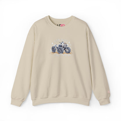 Embroidered Crewneck Sweatshirt — 'Live Fast, Stay Pretty' Mud 4-Wheeler