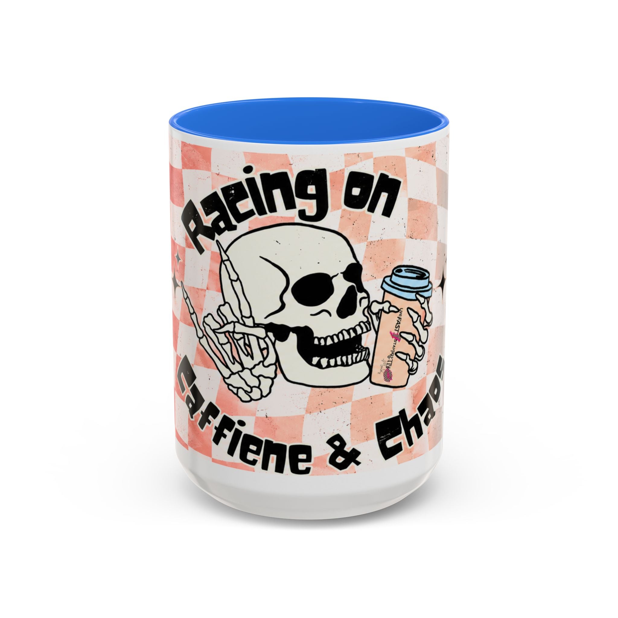 Skull & Coffee Ceramic Mug — 'Racing on Caffeine & Chaos' Checkerboard 15oz