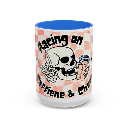 Skull & Coffee Ceramic Mug — 'Racing on Caffeine & Chaos' Checkerboard 15oz