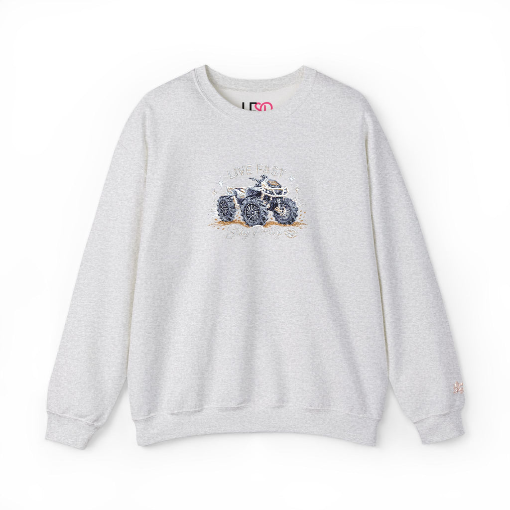 Embroidered Crewneck Sweatshirt — 'Live Fast, Stay Pretty' Mud 4-Wheeler