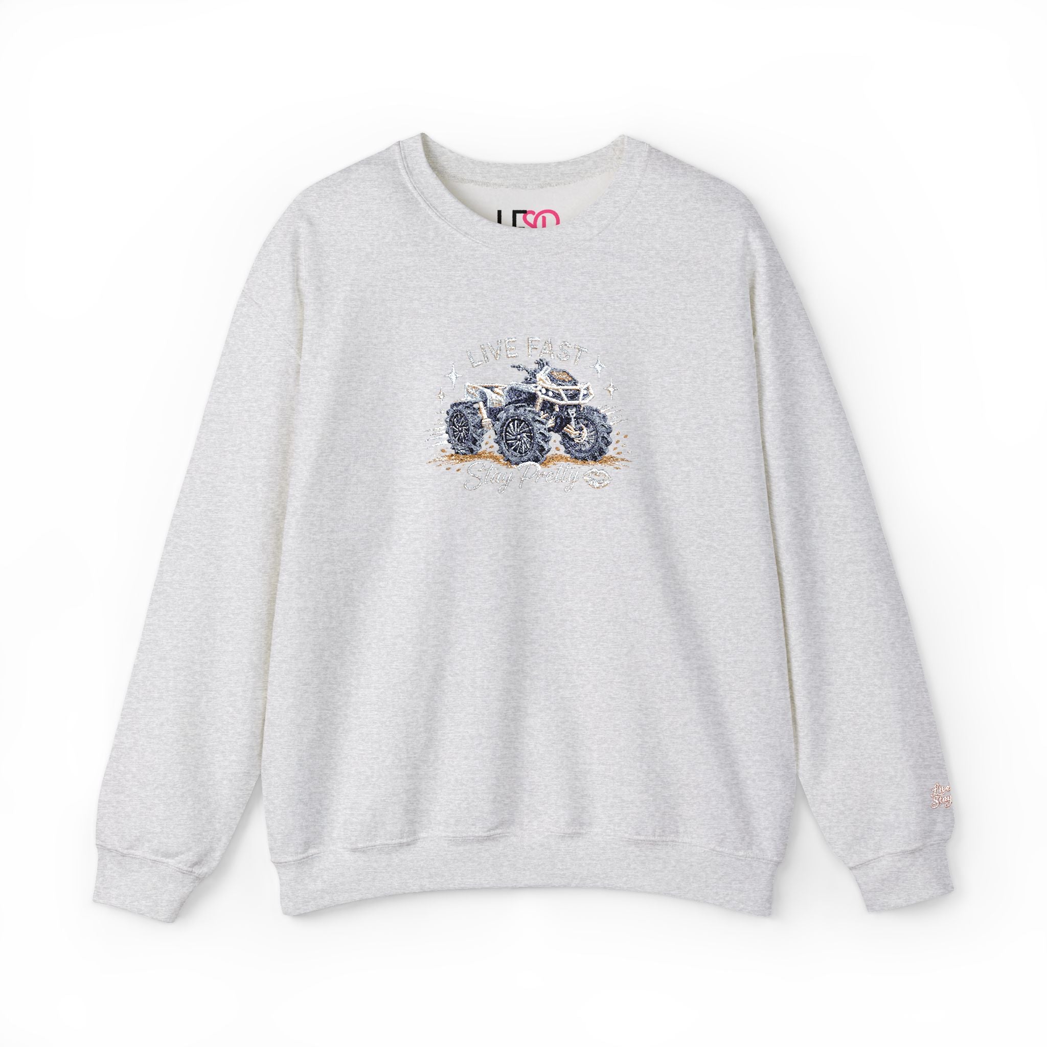 Embroidered Crewneck Sweatshirt — 'Live Fast, Stay Pretty' Mud 4-Wheeler